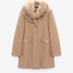 Zara Straight Cut Wool Blend Coat - Size Large - Tan
